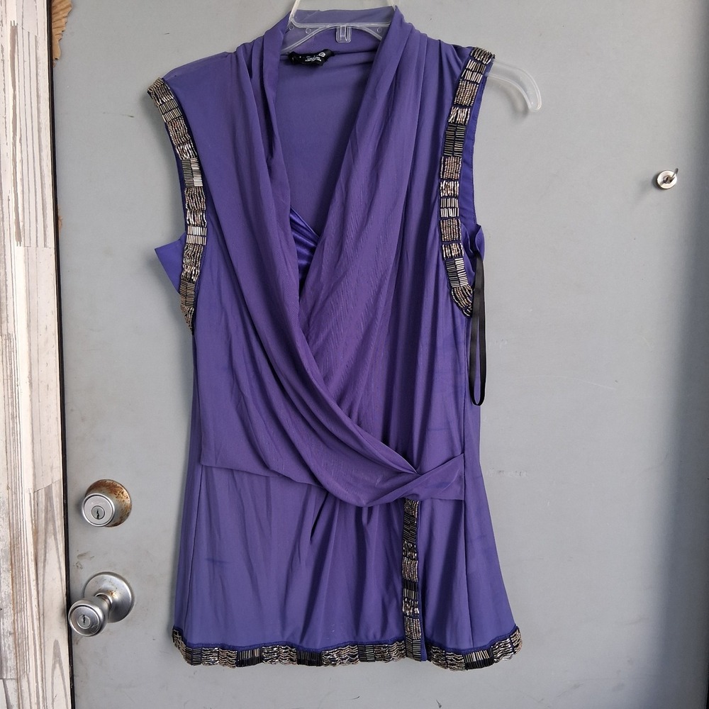 Vintage Y2K bebe Wrap Peplum Tunic Blouse‎ Beaded Vibrant Purple EUC S